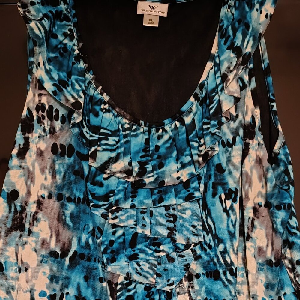 Worthington  SALE 2 FOR $ 18.00 !!!  Blue/Black womens top Sz XL. Front ruffle